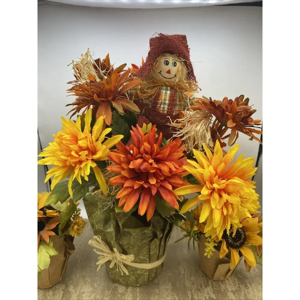 Whimsical Fall Scarecrow Floral Display in Pot Along With 2 Small Floral Pots